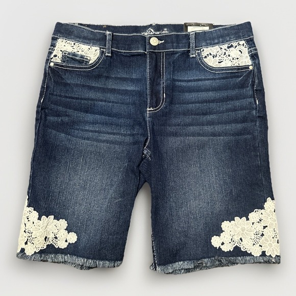 Jordache Pants - Jordache Girls Size 18 Bermuda Shorts Dark Wash Raw Hem Embroidered Flowers 30x8